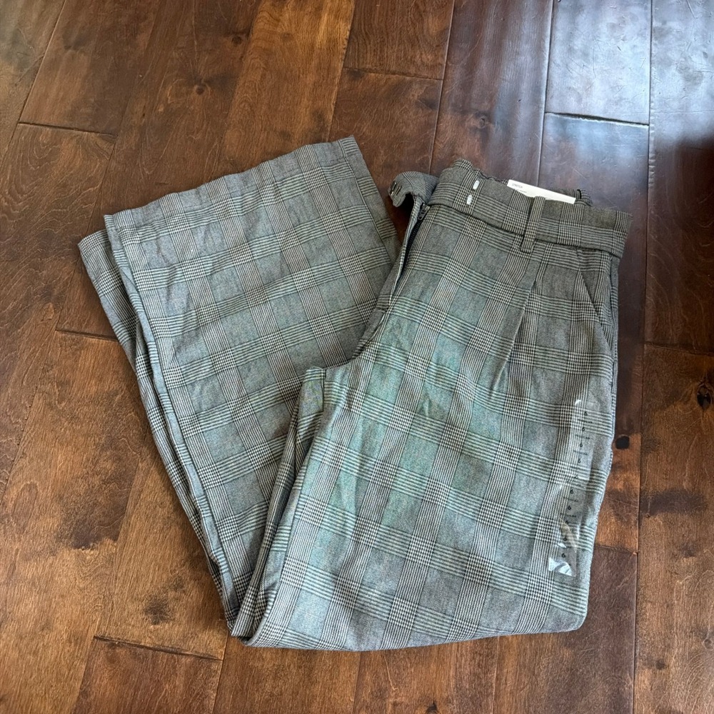 American Eagle Wide Leg Trouser Pants Gray Plaid High Rise Stretch Size 6 / 28